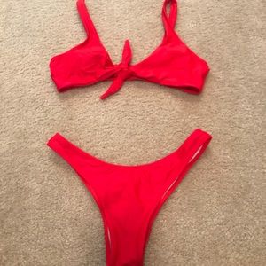 Bright red tie front bikini with scrunched butt